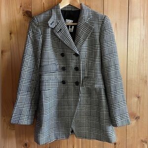 Vintage DKNY Double Breasted Blazer Plaid Tweed Wool Cashmere Herringbone